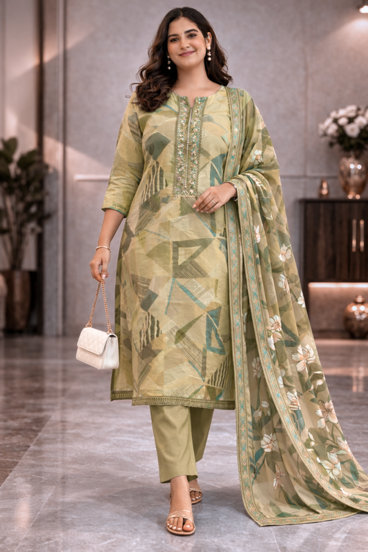 Olive Geometry Muslin Suit with Thread Work