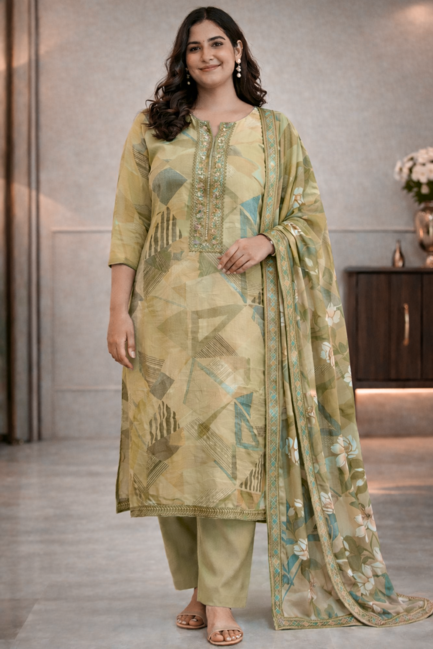 Olive Geometry Muslin Suit with Thread Work