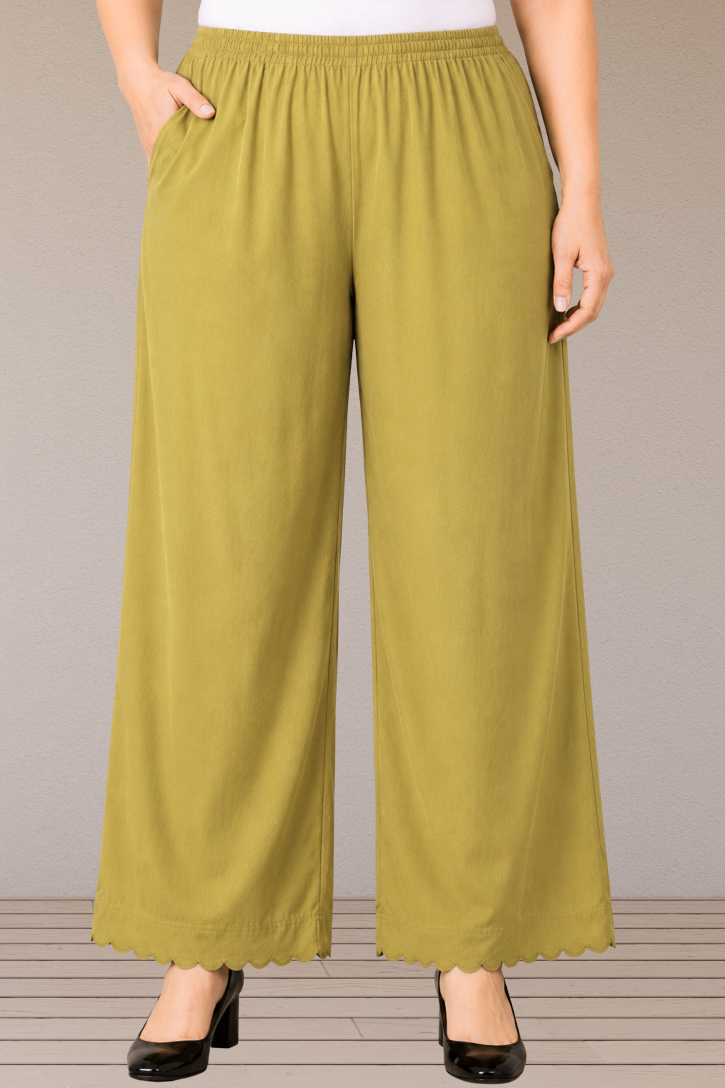 Olive Grace Scallop Cut Rayon Palazzo