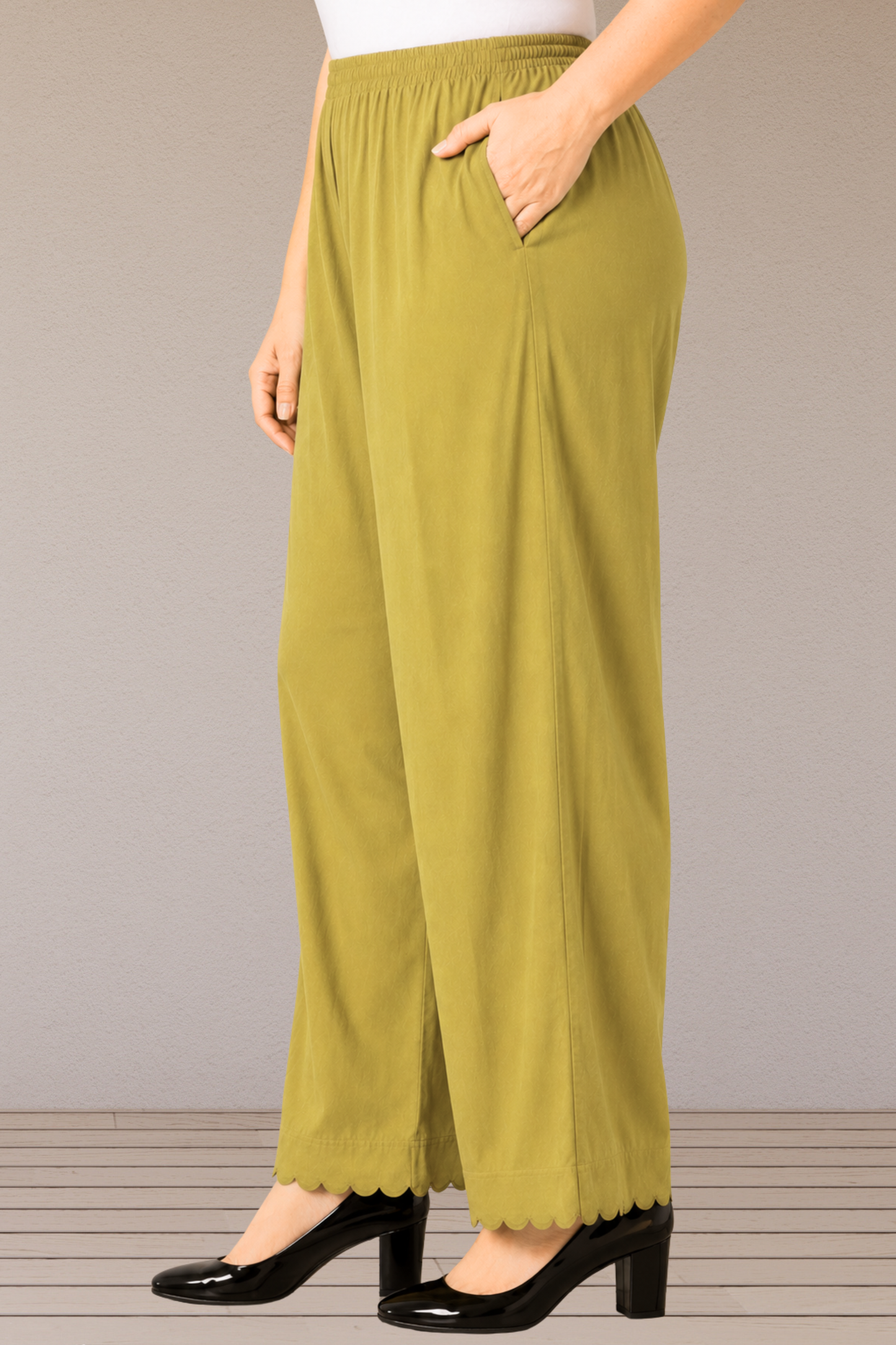 Olive Grace Scallop Cut Rayon Palazzo