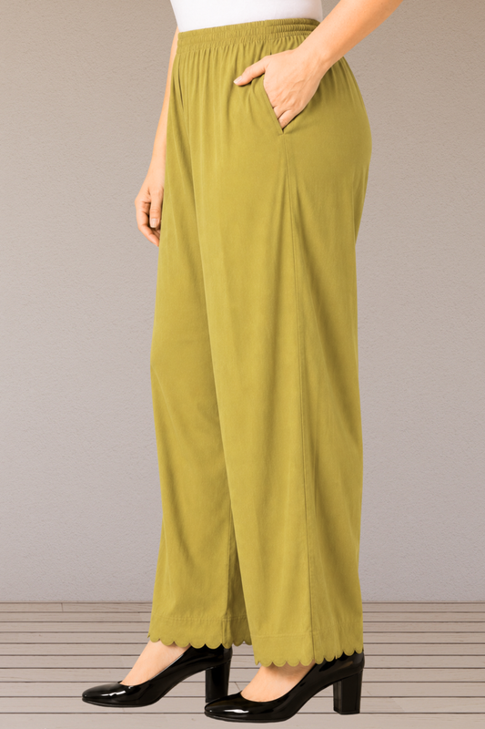 Olive Grace Scallop Cut Rayon Palazzo
