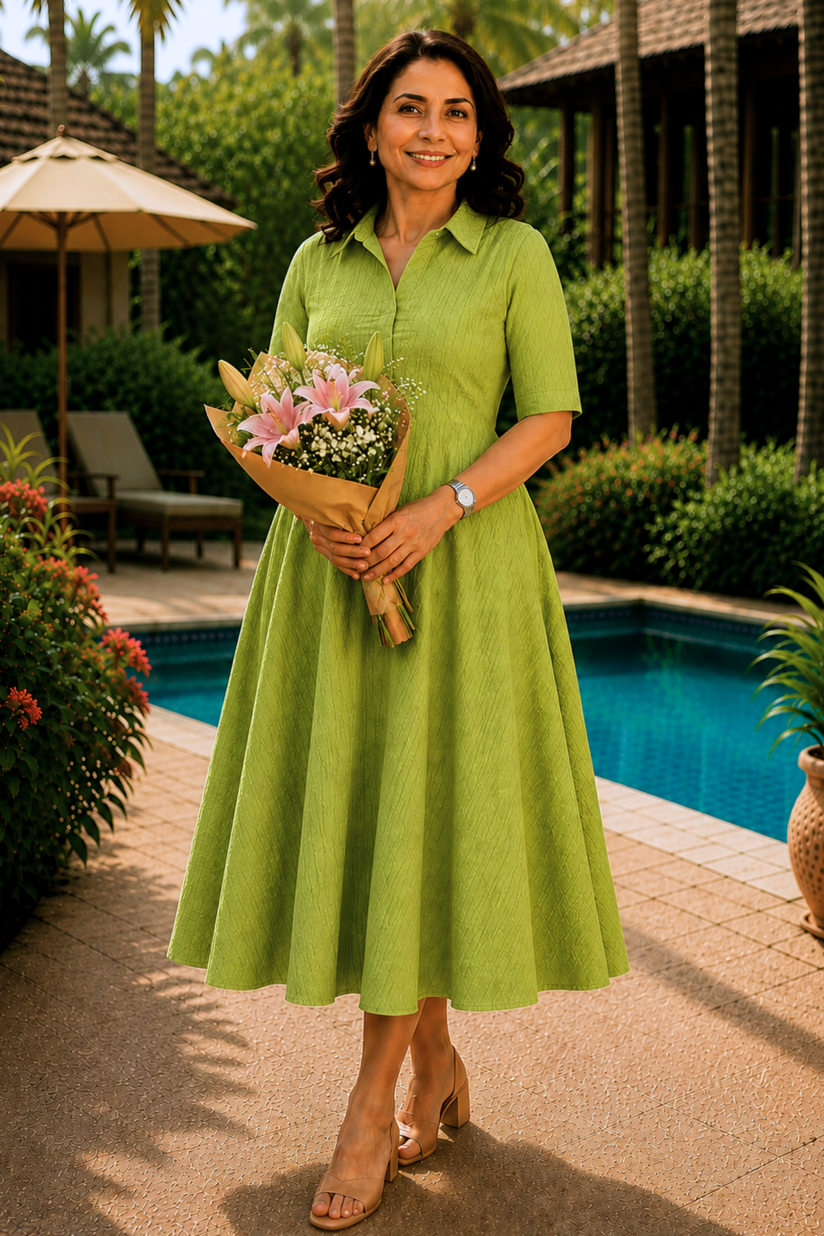 Pistachio Pop Textured Dress With Pockets