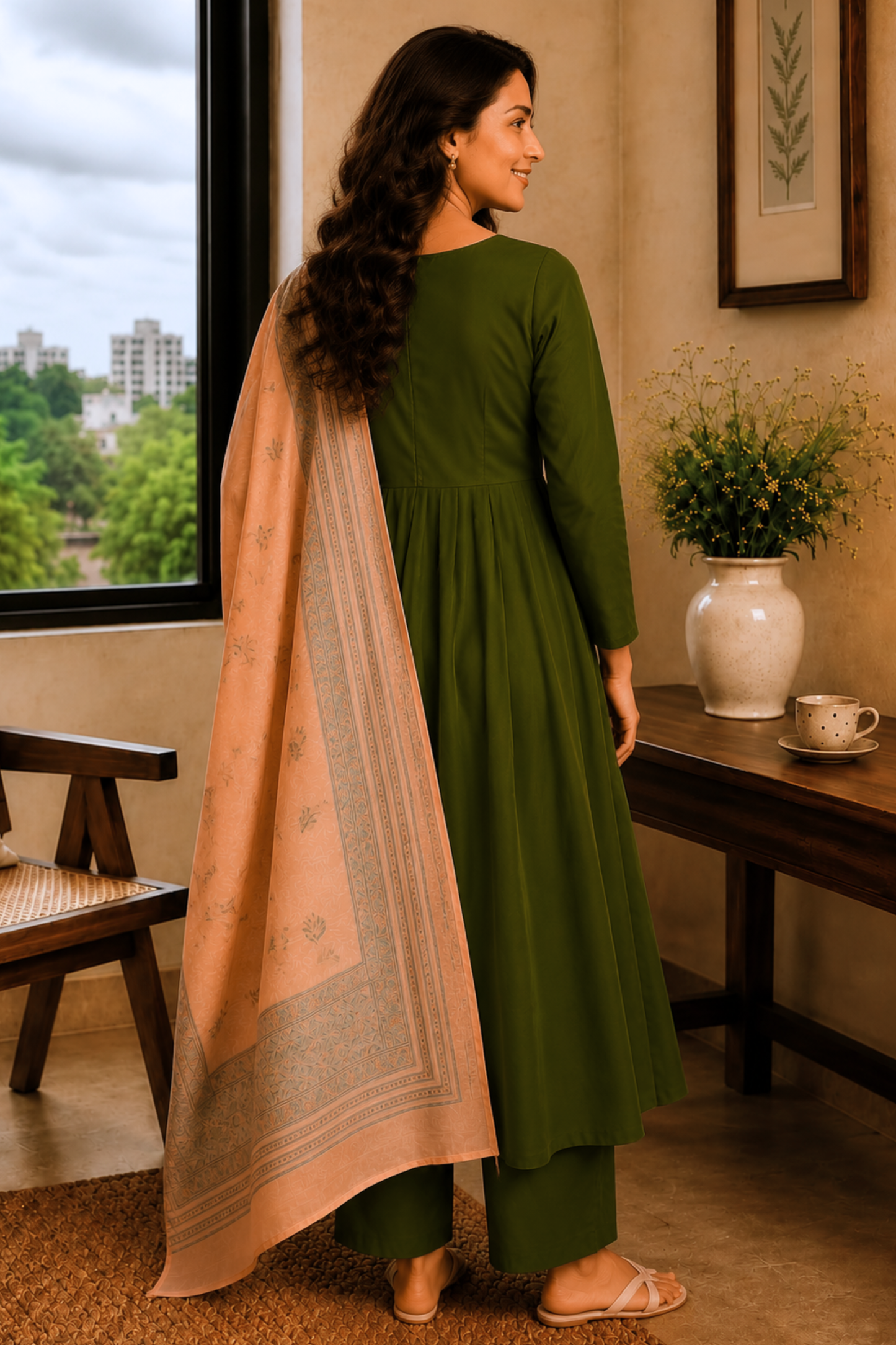 Peachy Henna Rayon Anarkali Set