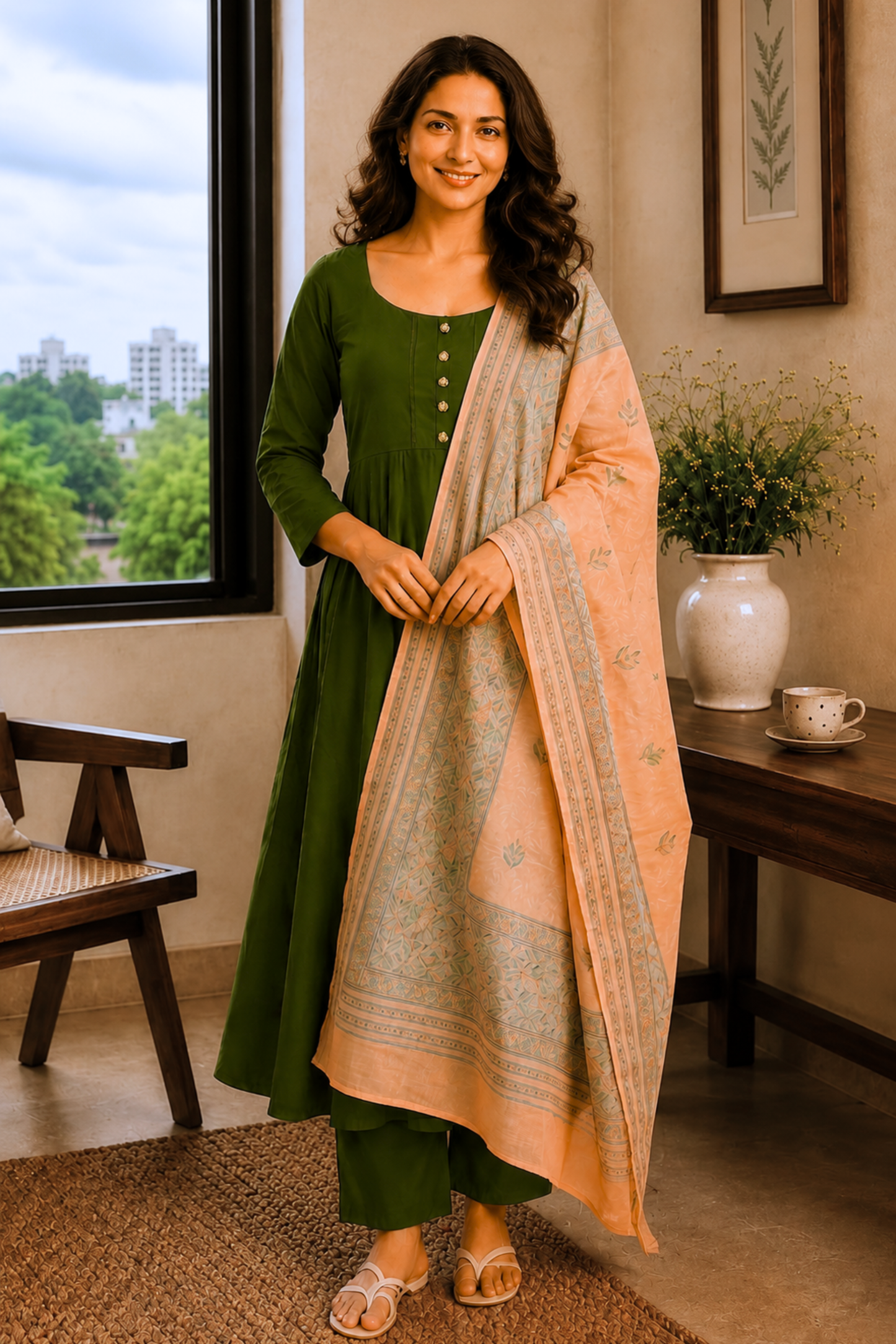 Peachy Henna Rayon Anarkali Set