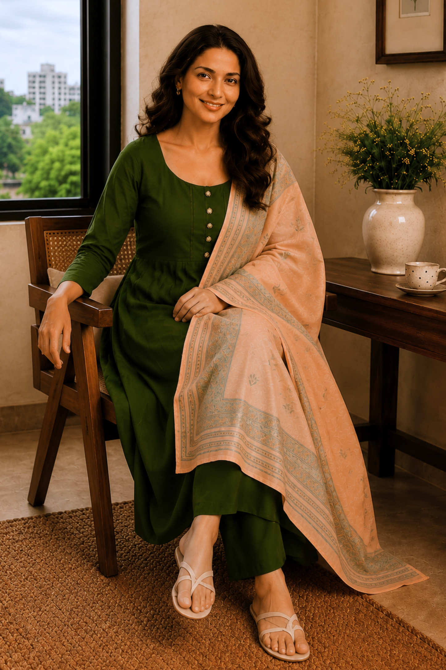 Peachy Henna Rayon Anarkali Set