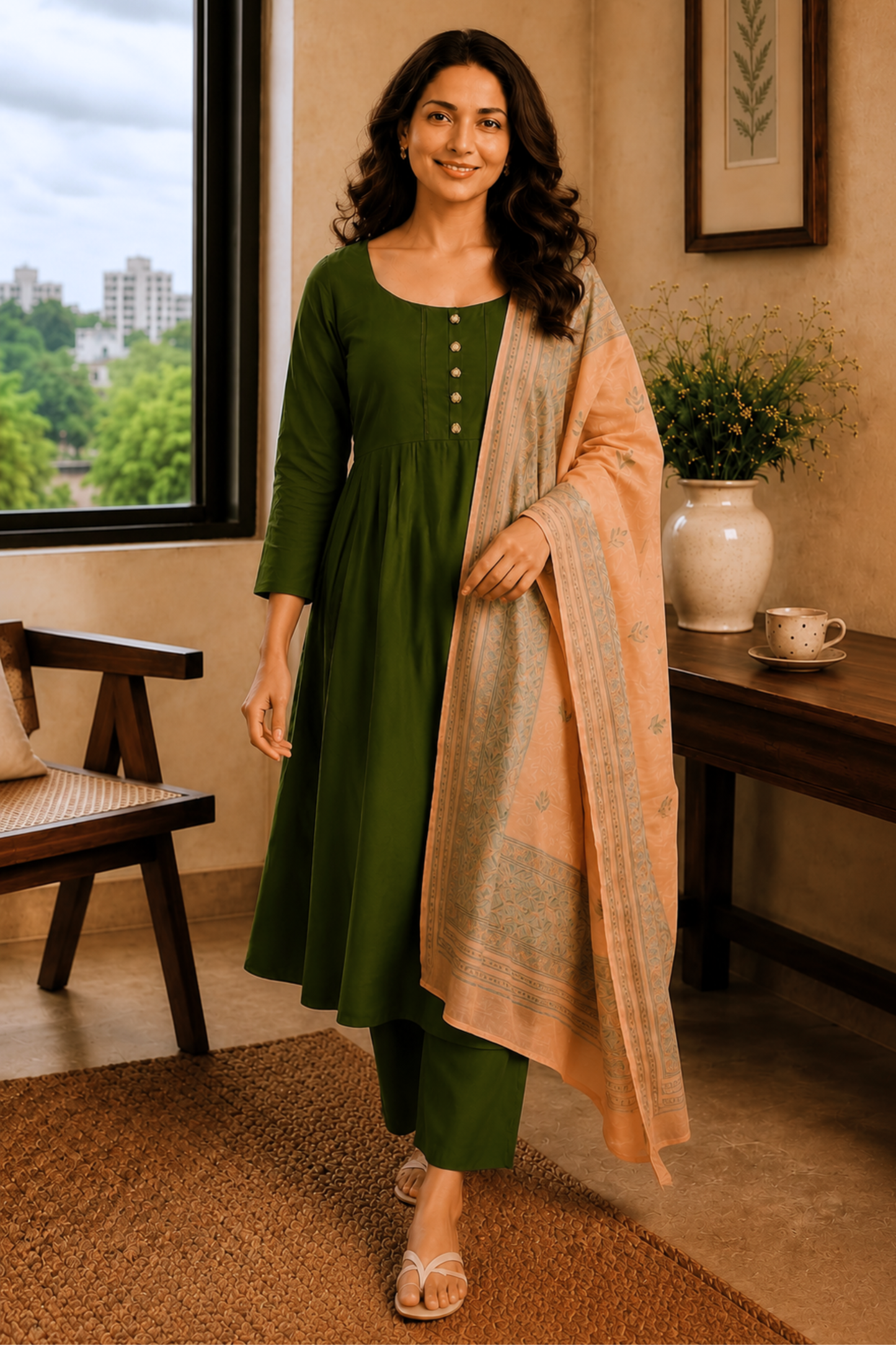 Peachy Henna Rayon Anarkali Set