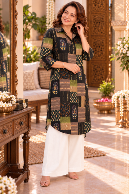 Olive Paisley Foiled Kurta With Pockets