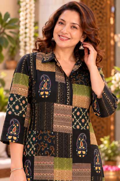 Olive Paisley Foiled Kurta With Pockets