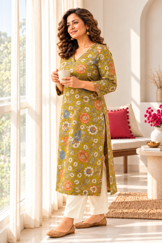 Olive Reverie A-line Cotton Kurta