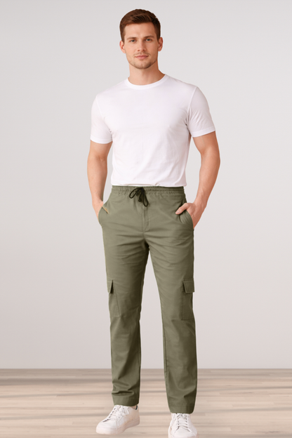 Olive Solid Cotton Cargo - 4 Pocket