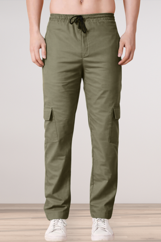 Olive Solid Cotton Cargo - 4 Pocket
