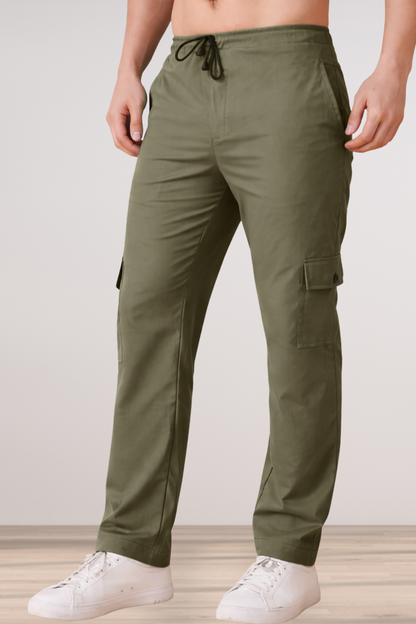 Olive Solid Cotton Cargo - 4 Pocket