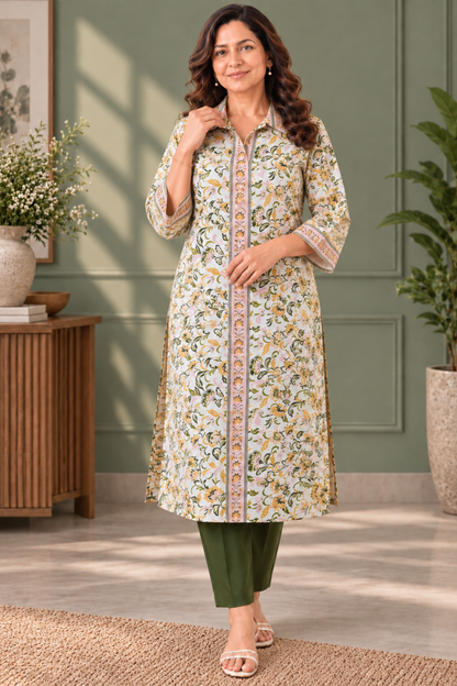 Olive Vine Printed Rayon Kurta