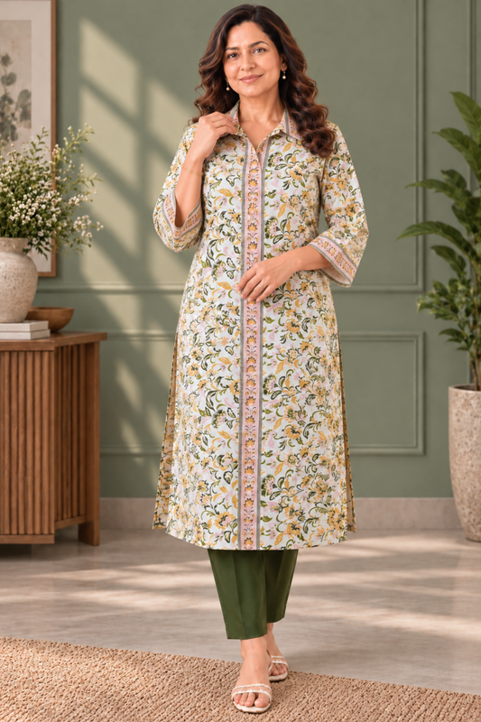 Olive Vine Printed Rayon Kurta