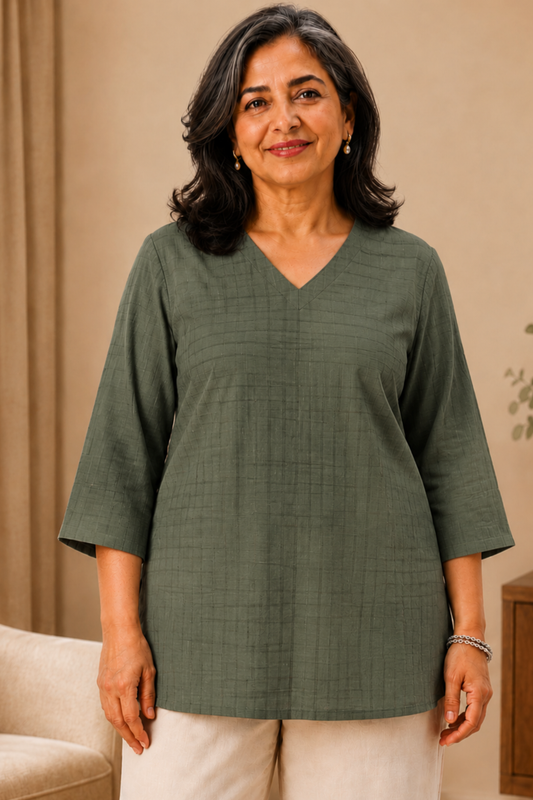 Olive Willow Self Checked Cotton Top