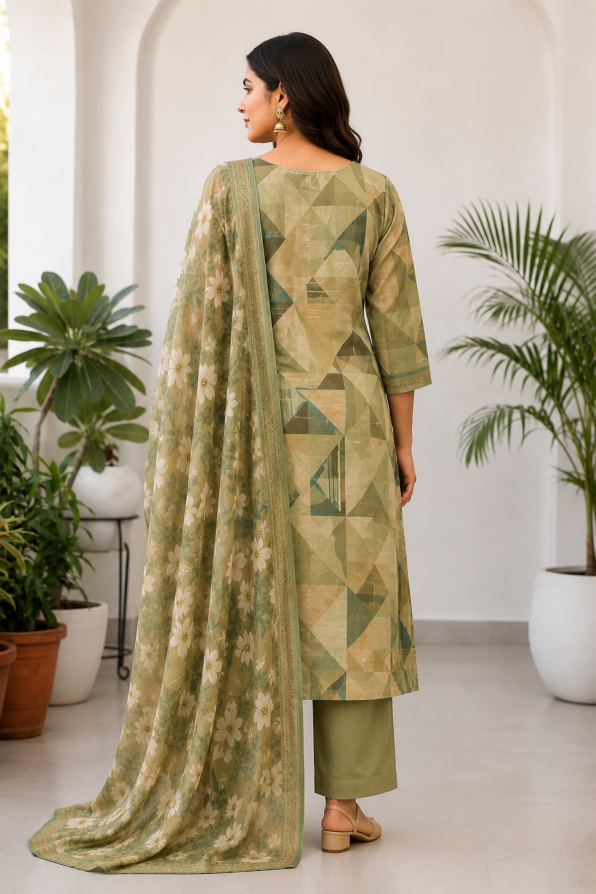 Olive Geometry Muslin Suit with Thread Work