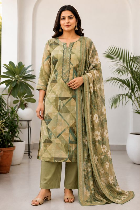 Olive Geometry Muslin Suit with Thread Work