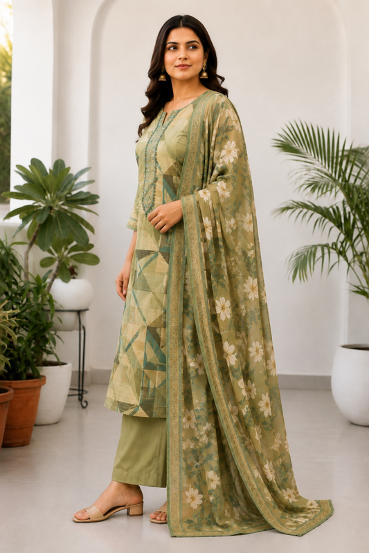 Olive Geometry Muslin Suit with Thread Work