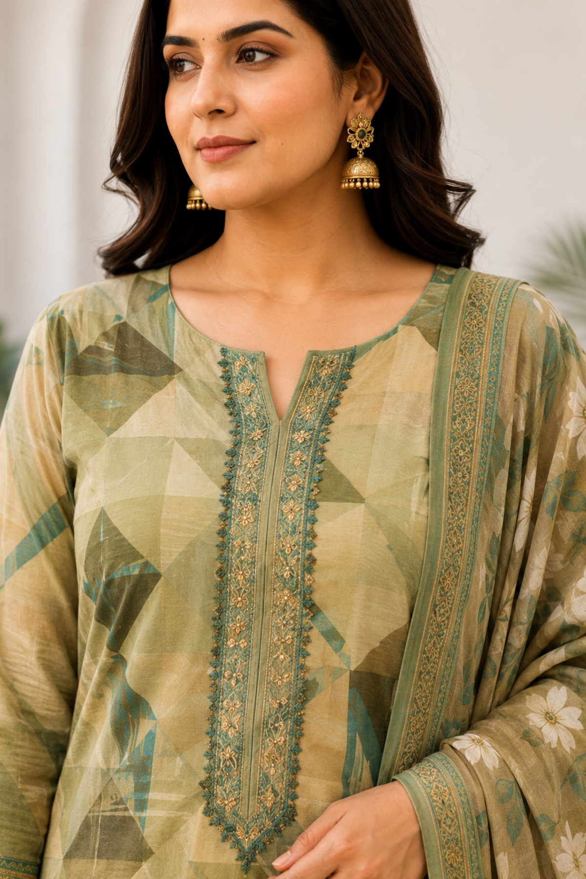 Olive Geometry Muslin Suit with Thread Work