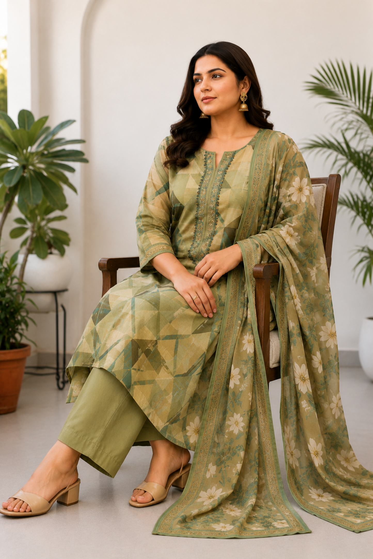 Olive Geometry Muslin Suit with Thread Work