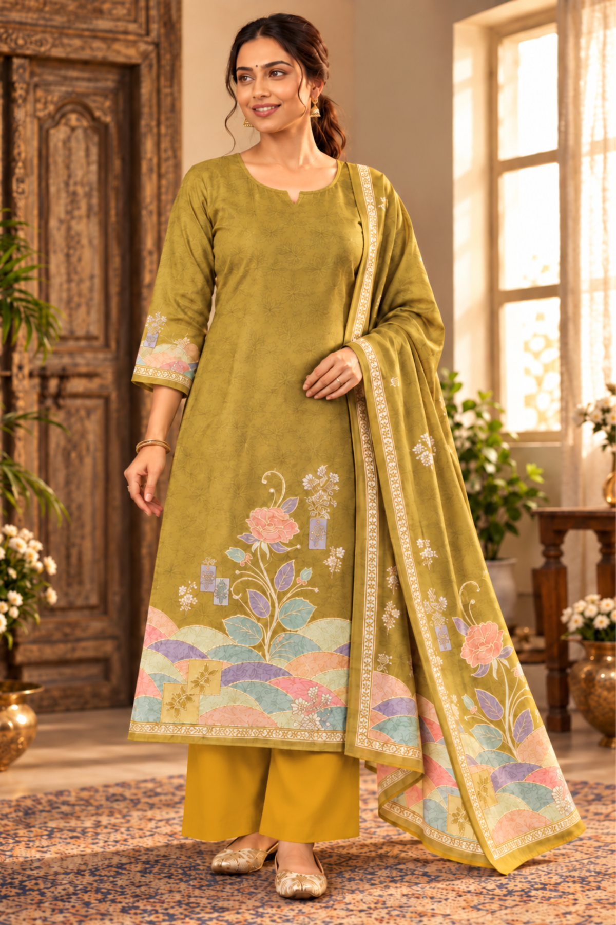 Olive Gulkand Fancy Suit With Aari Work