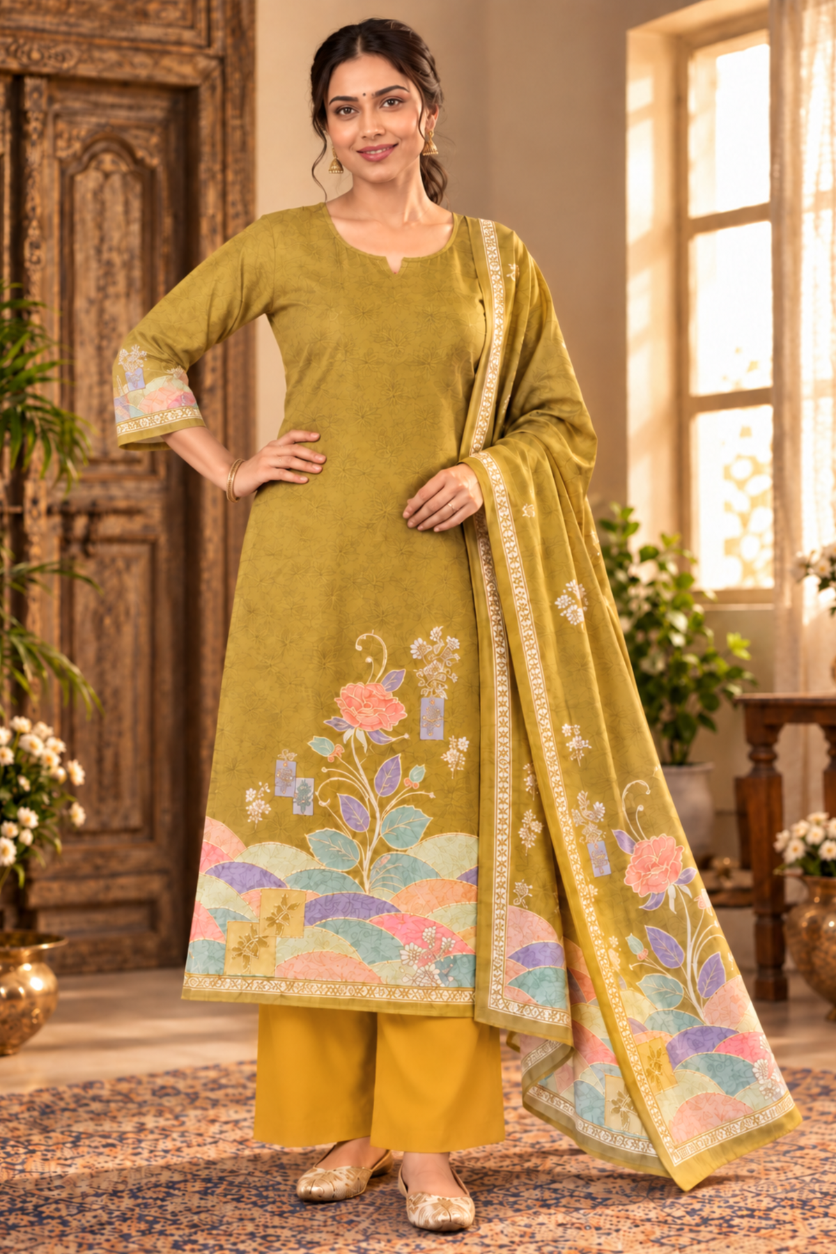 Olive Gulkand Fancy Suit With Aari Work