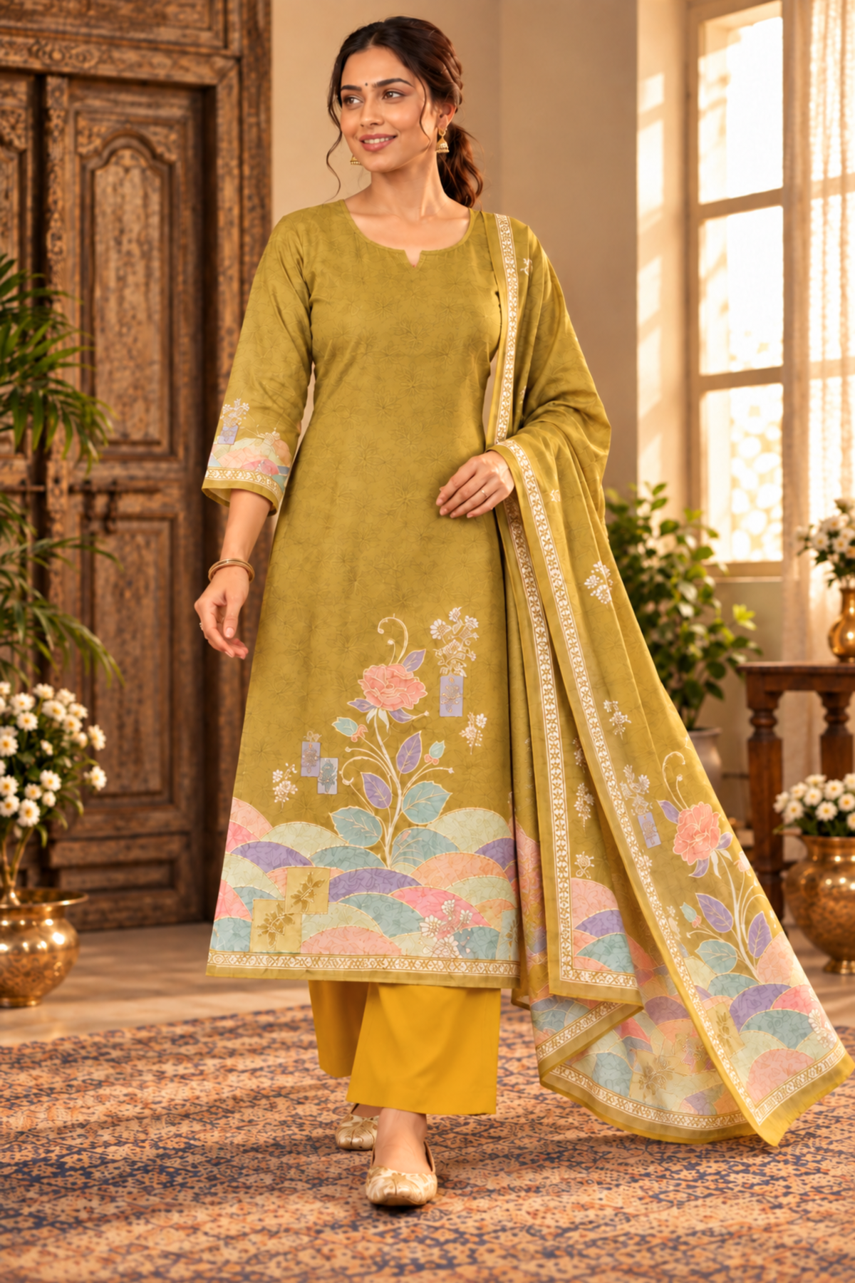 Olive Gulkand Fancy Suit With Aari Work