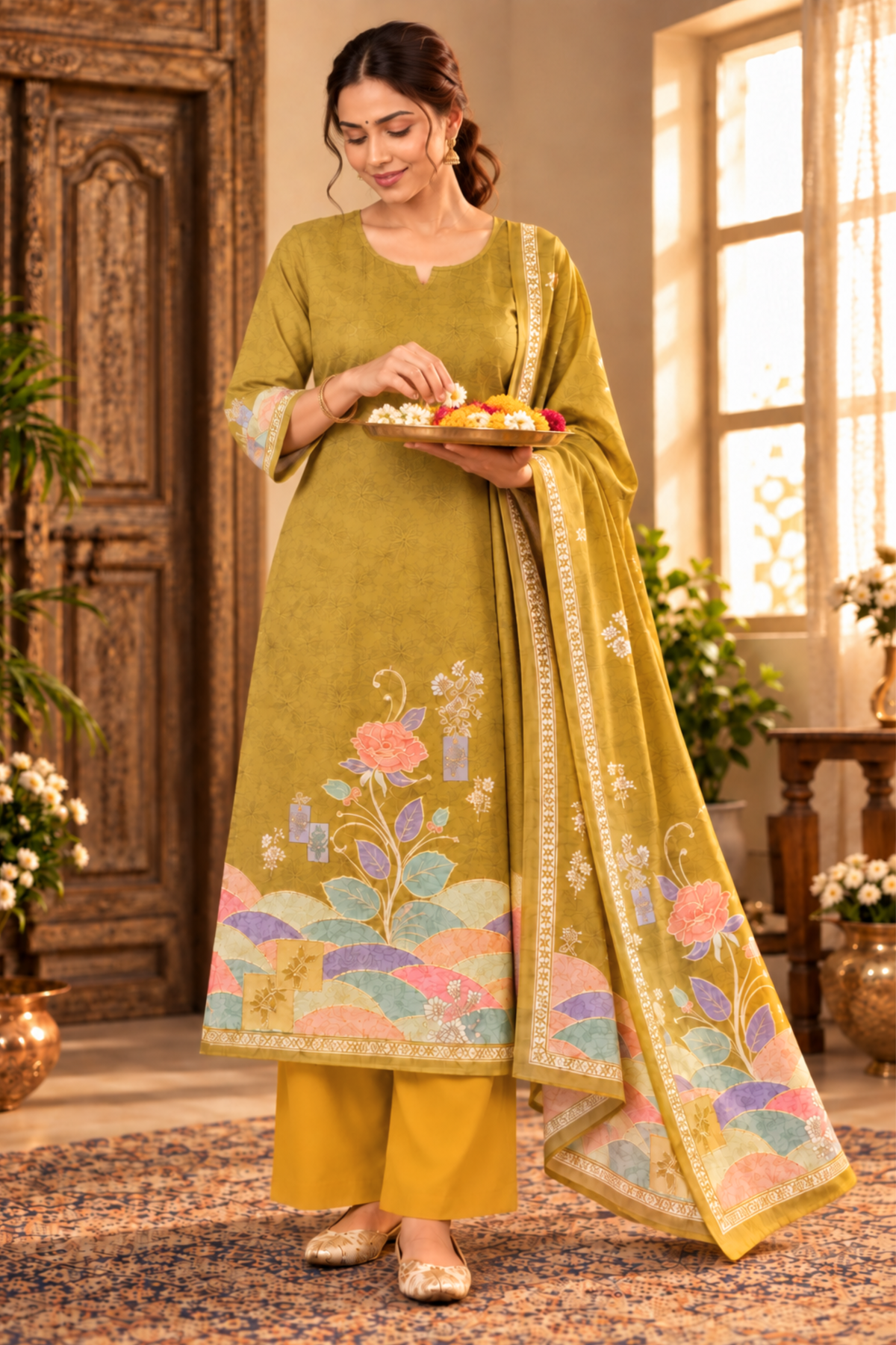 Olive Gulkand Fancy Suit With Aari Work