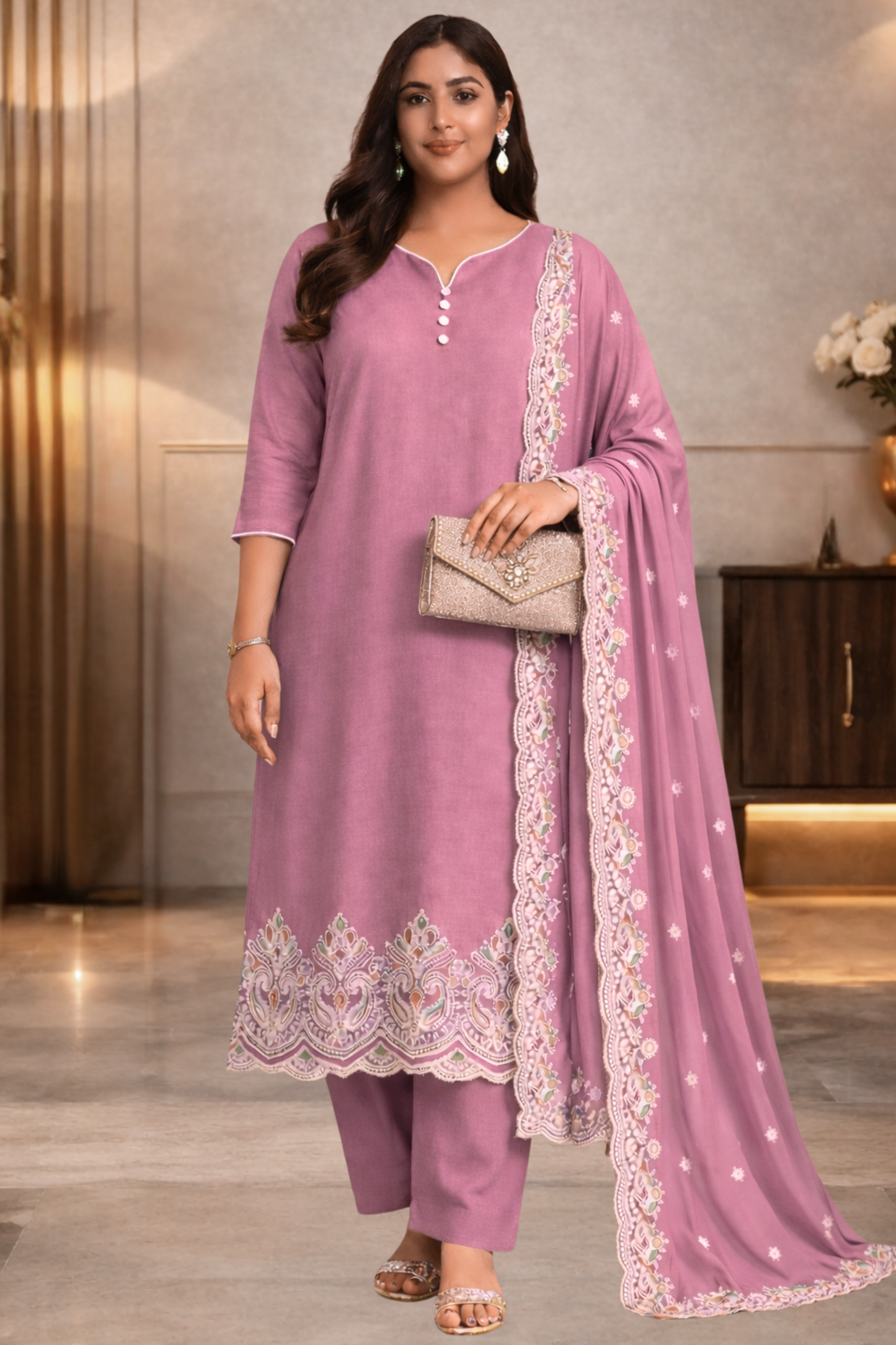 Onion Muslin Suit with Ivory Thread Work