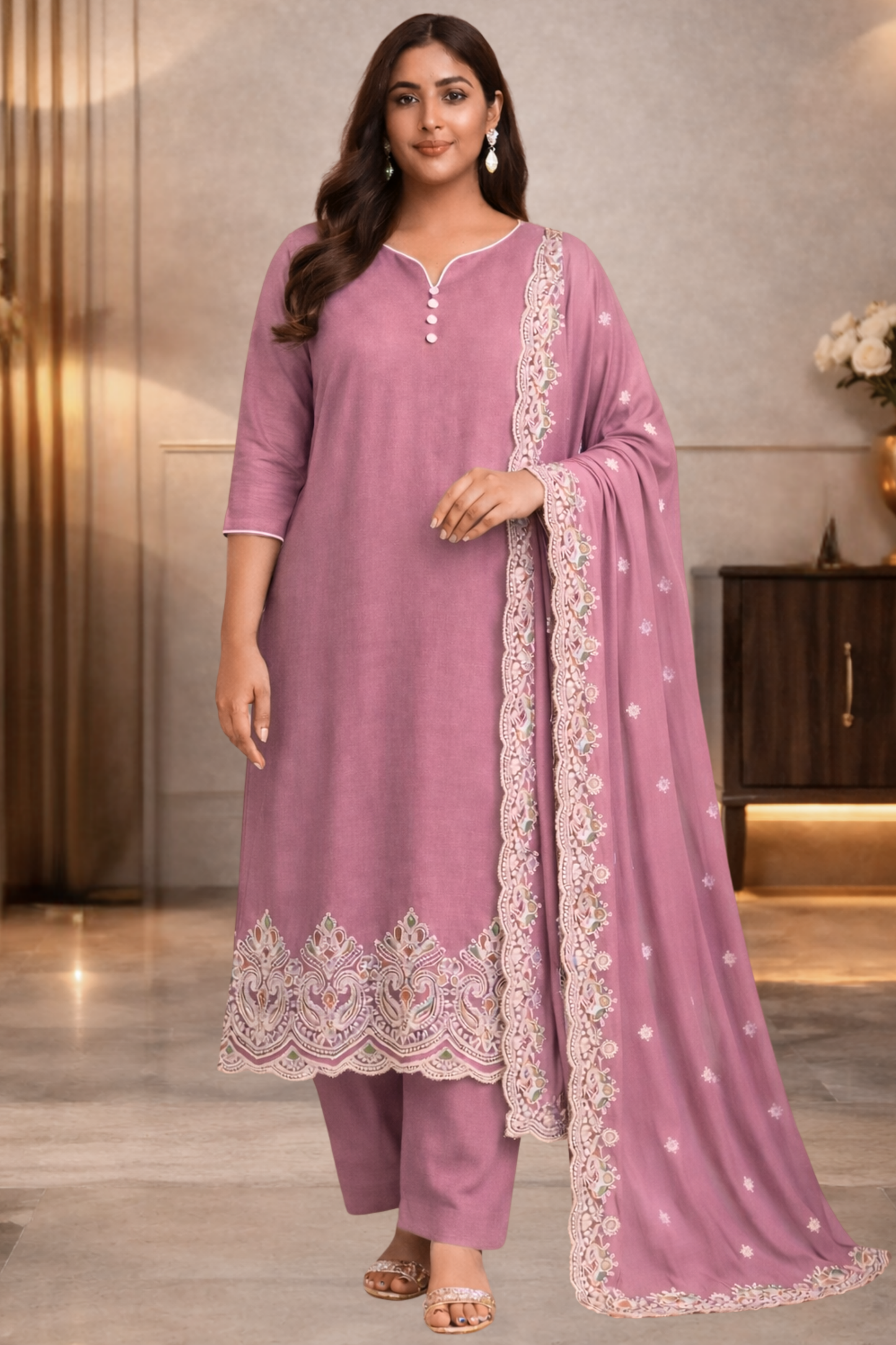 Onion Muslin Suit with Ivory Thread Work