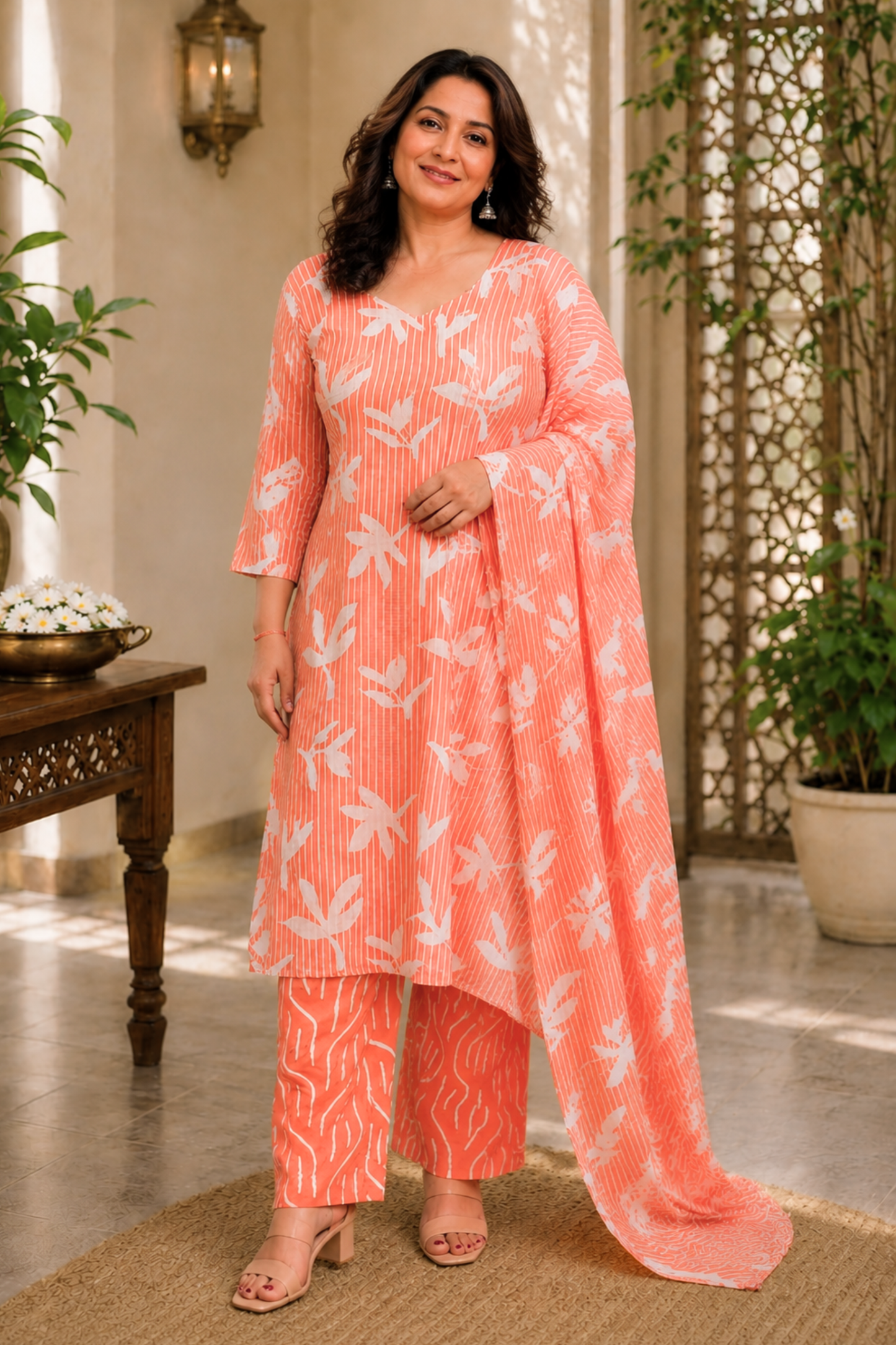 Peach Petal Printed Straight Suit