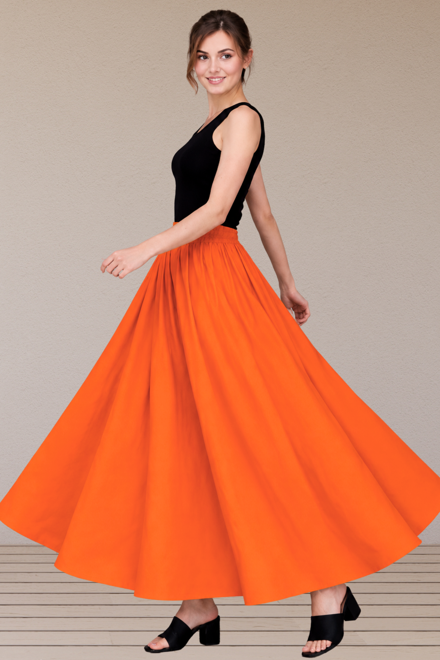 Orange Rayon Long Skirt