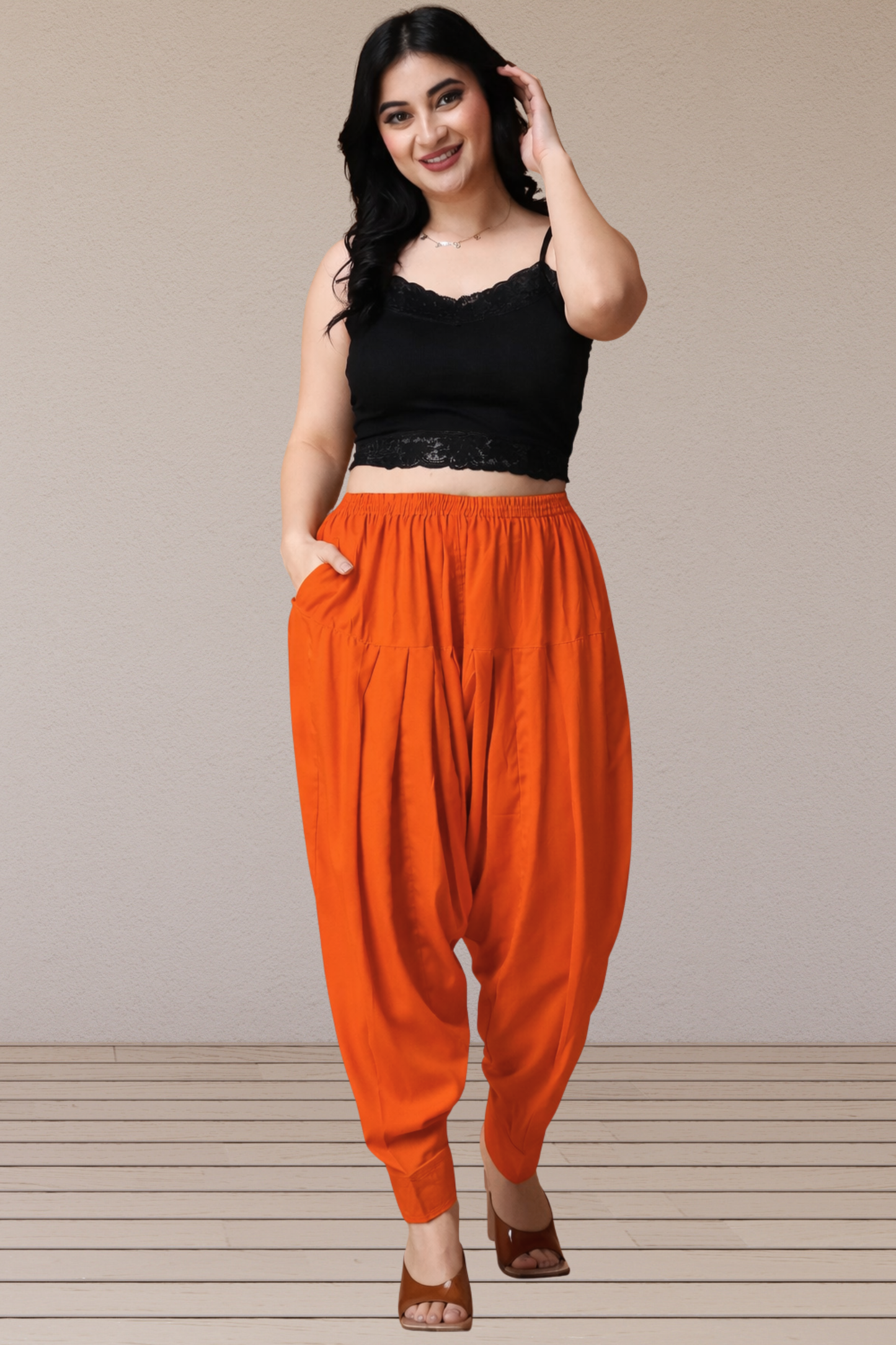 Orange Pleated Rayon Salwar