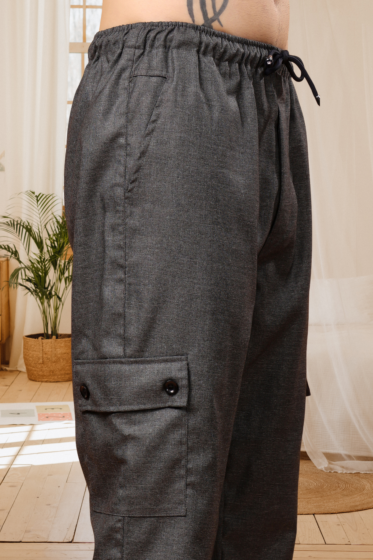 Smoke Grey Textured Stretch Cargo