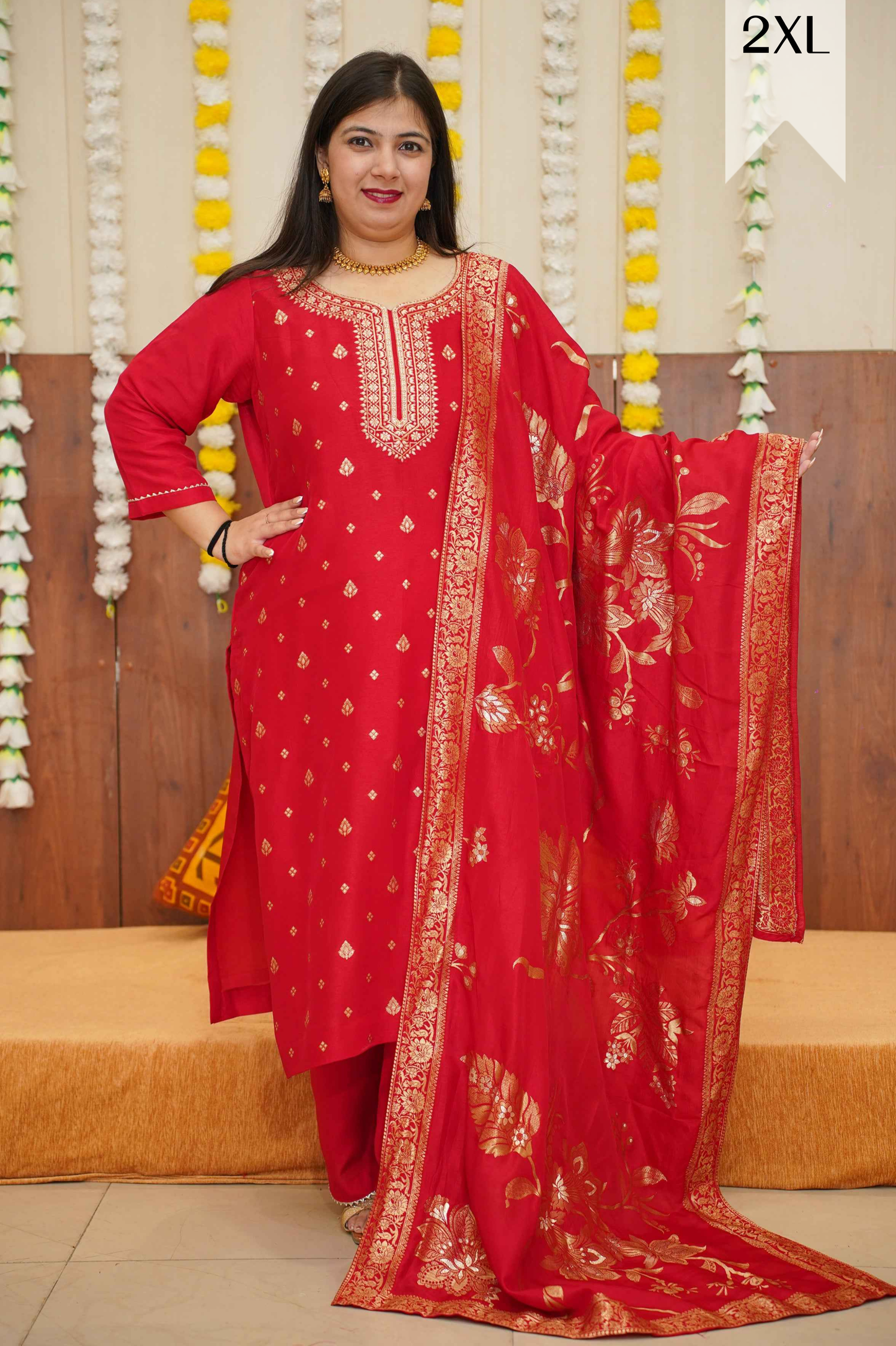 Deep Red Rose Jacquard Suit Set