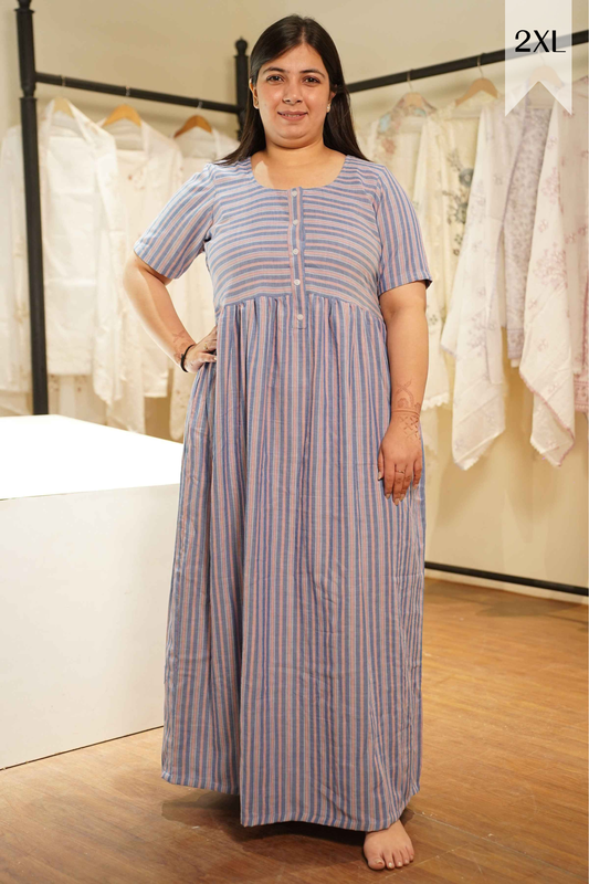 Grey Striped Cotton Night Gown