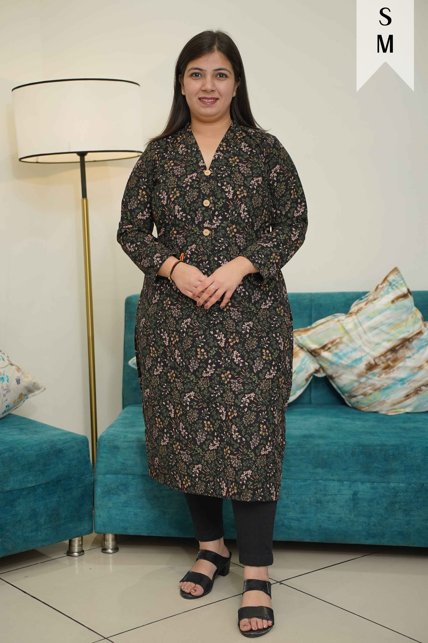 Black Floral Corduroy Kurta