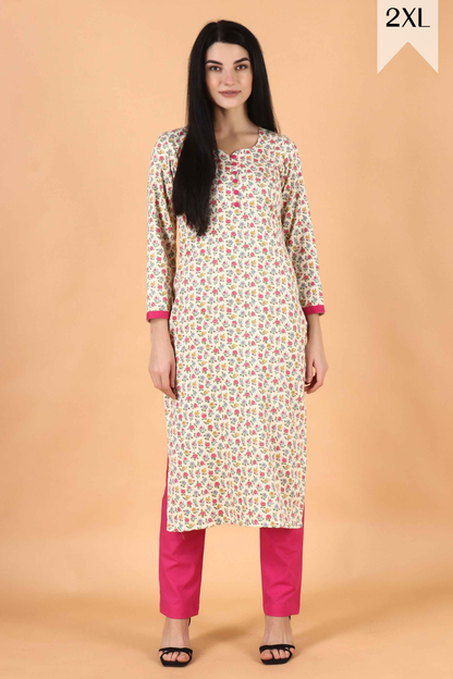 White Floral Corduroy Kurta Set