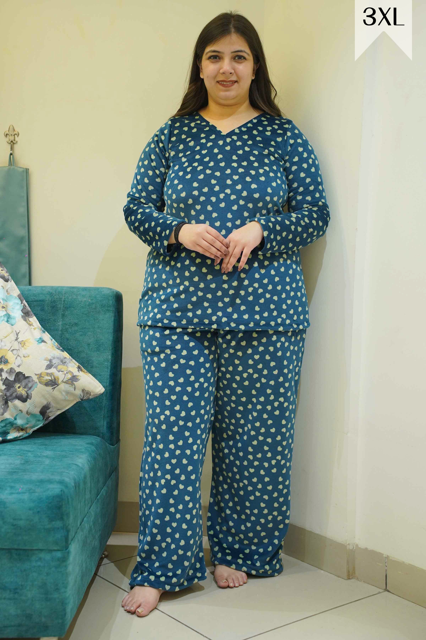 Teal Hearty Velvet Night Suit