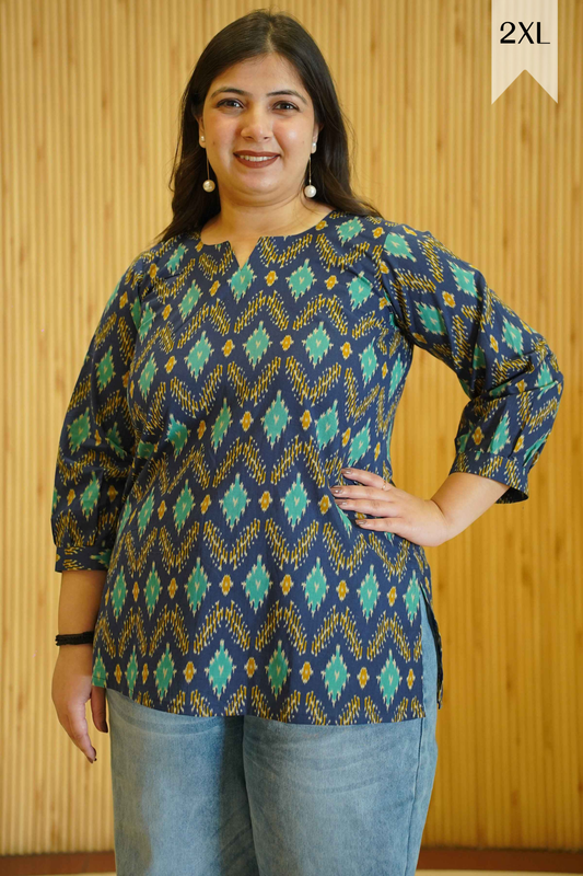 Aqua Indigo Ikat Printed Cotton Top