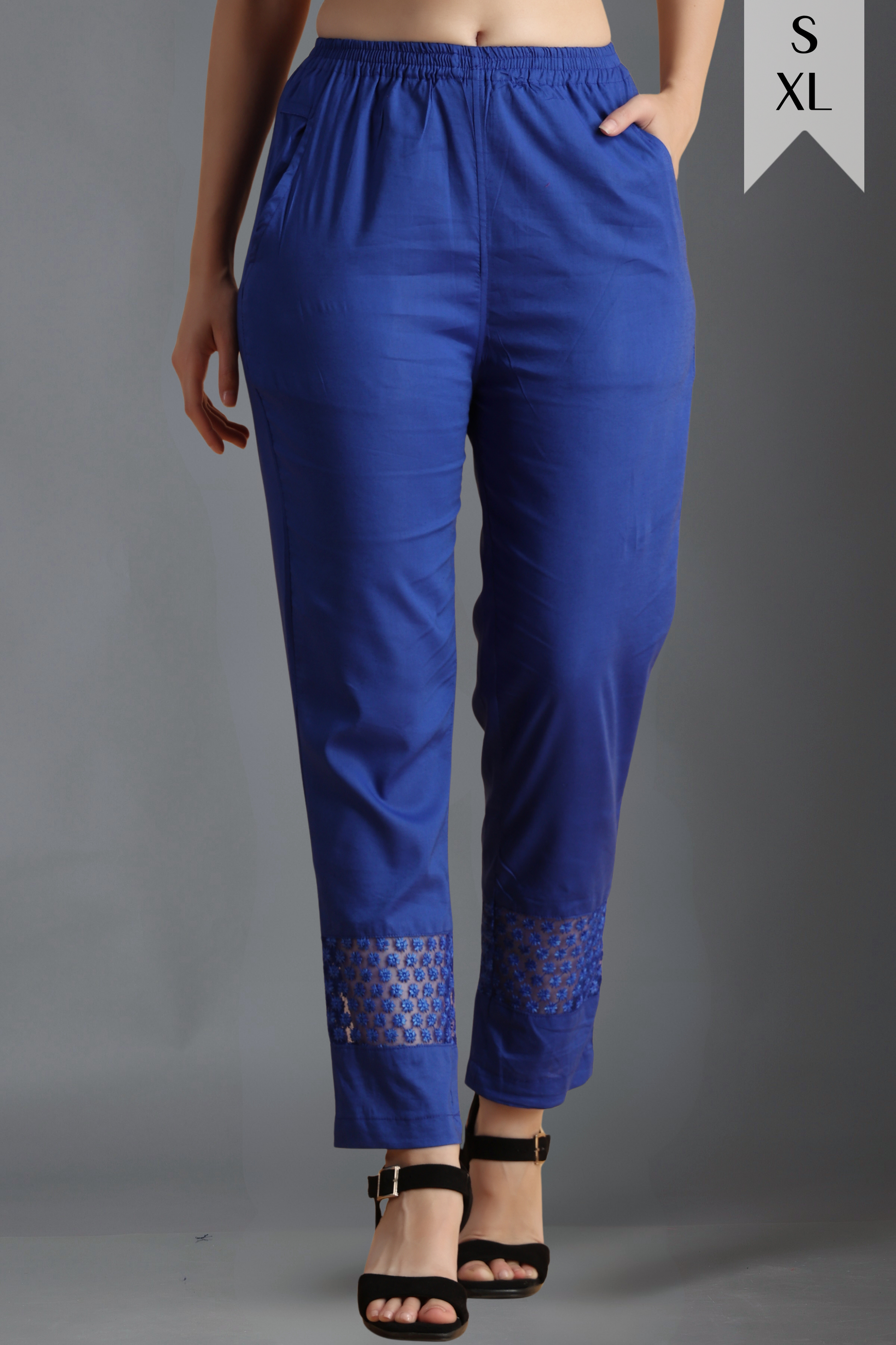 Buy Plus Size ​Blue Ribbon Detailed Cotton Palazzo At Apella | Sizes XS to 10 XL | India | Free Delivery | Customized