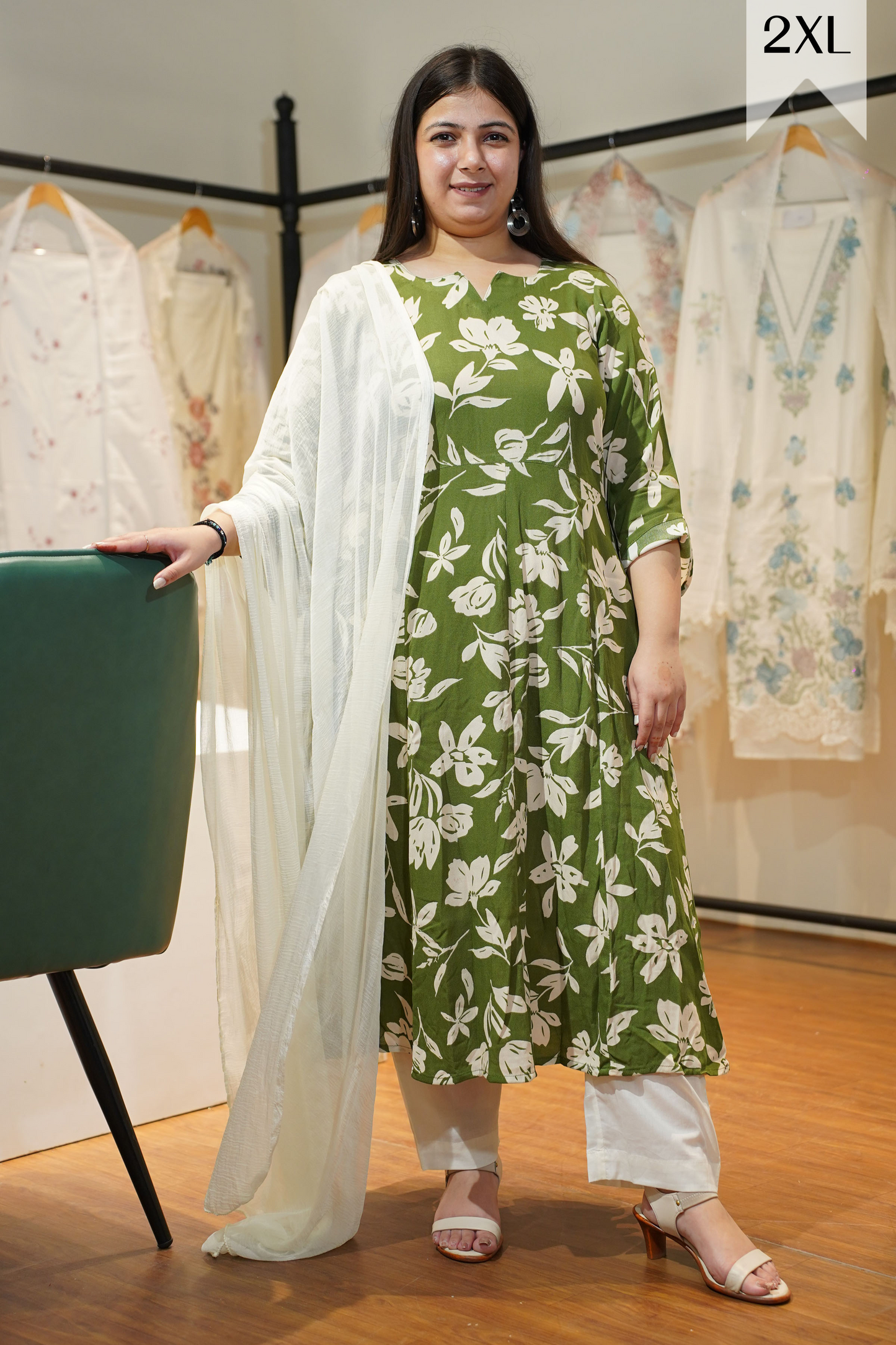 Olive Ivory Floral Anarkali Set