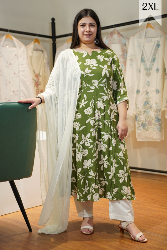 Olive Ivory Floral Anarkali Set