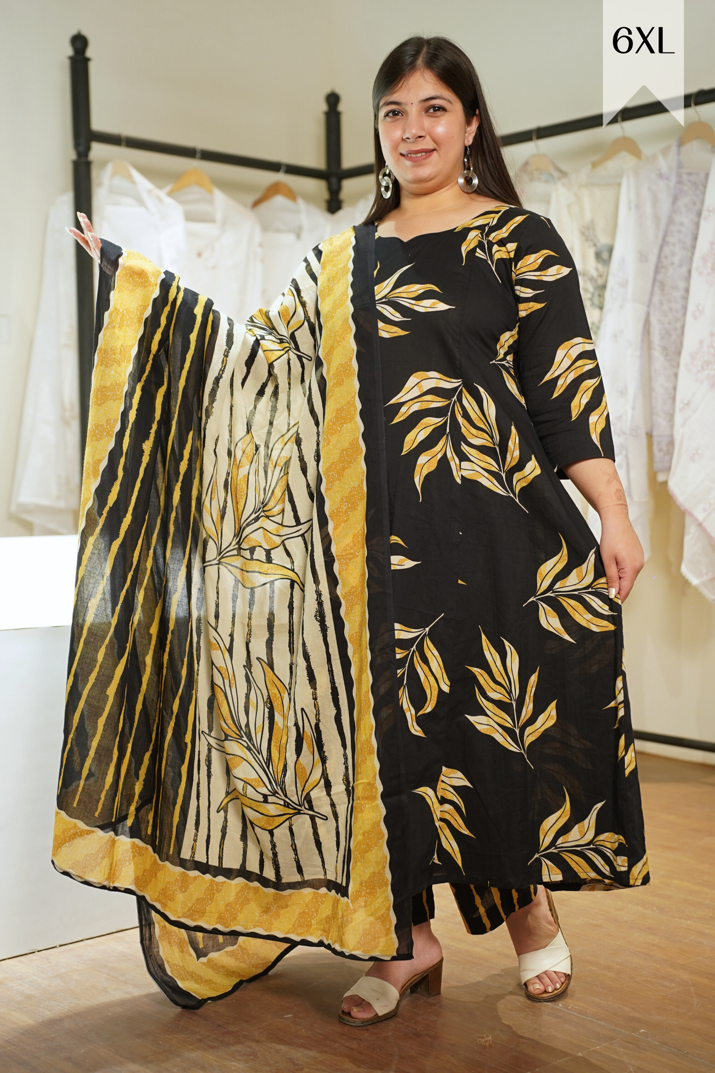 Lemony Black Kalidar Block Printed Cotton Suit