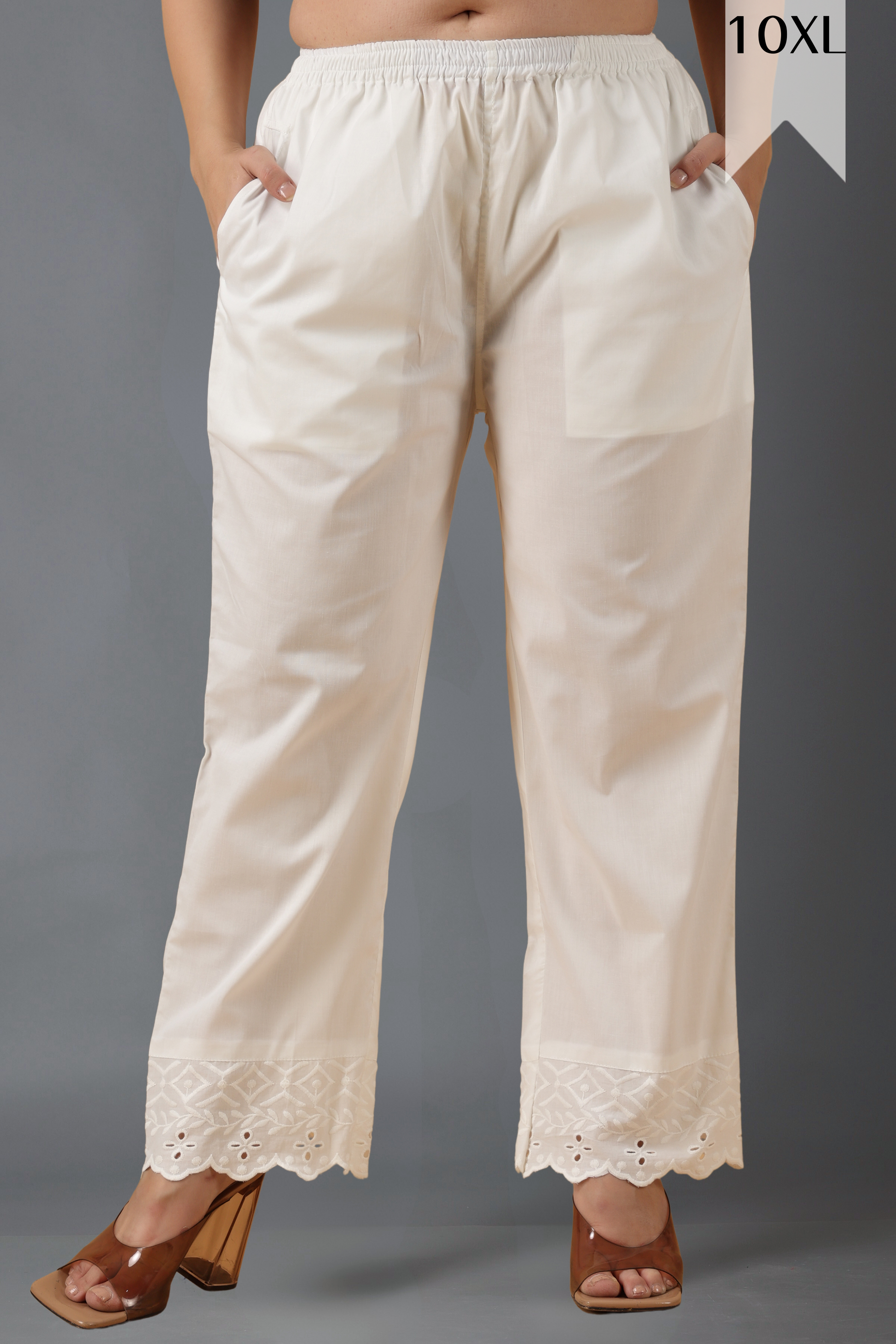 Buy Plus Size ​White Cotton Schiffli Pants At Apella | Sizes XS to 10 XL | India | Free Delivery | Customized
