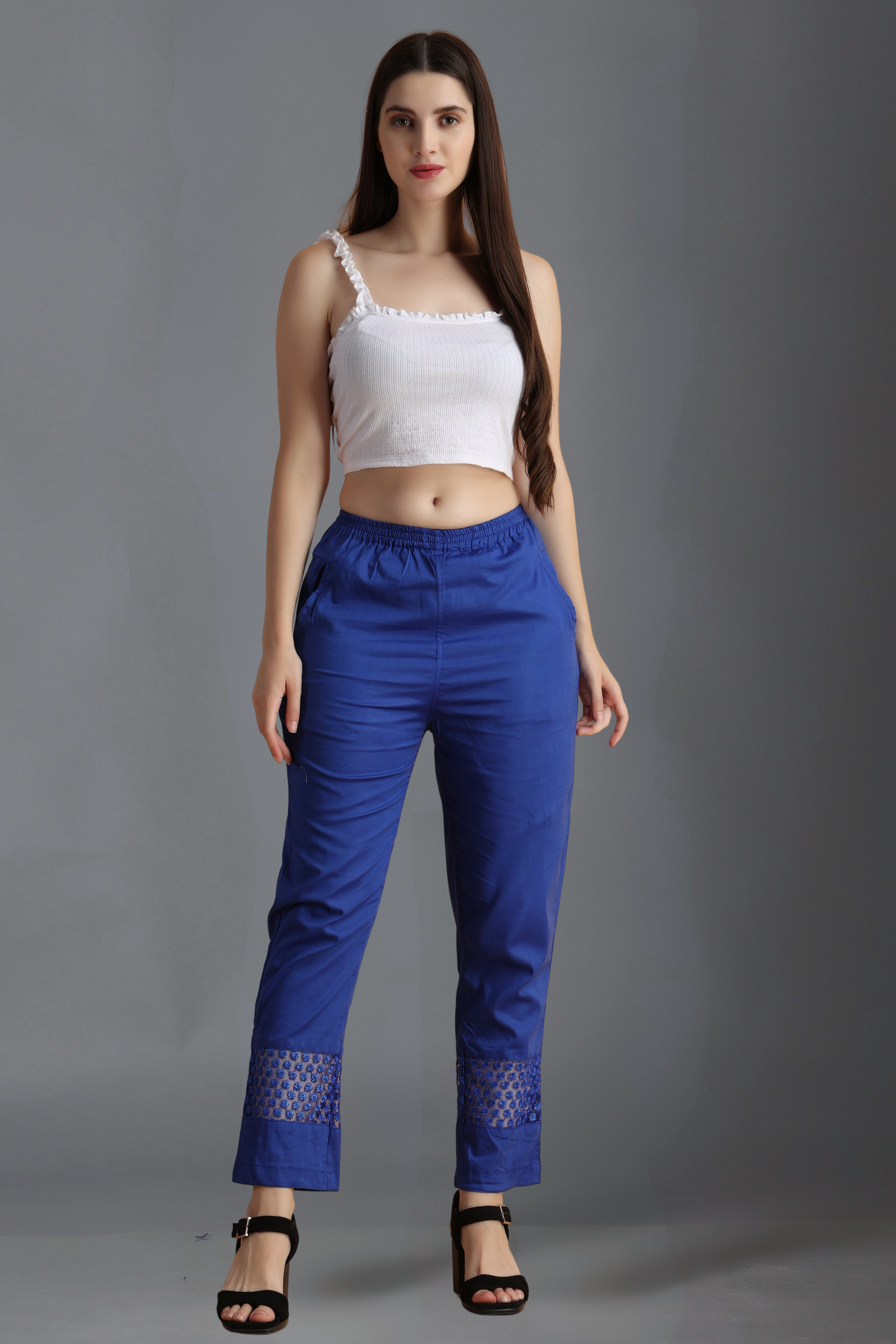 Buy Plus Size ​Blue Ribbon Detailed Cotton Palazzo At Apella | Sizes XS to 10 XL | India | Free Delivery | Customized