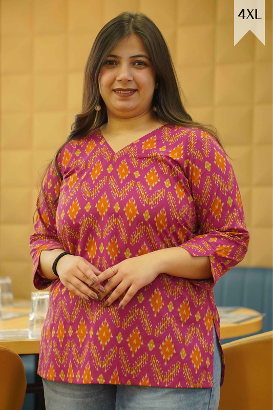 Tangy Fuchsia Ikat Printed Cotton Top