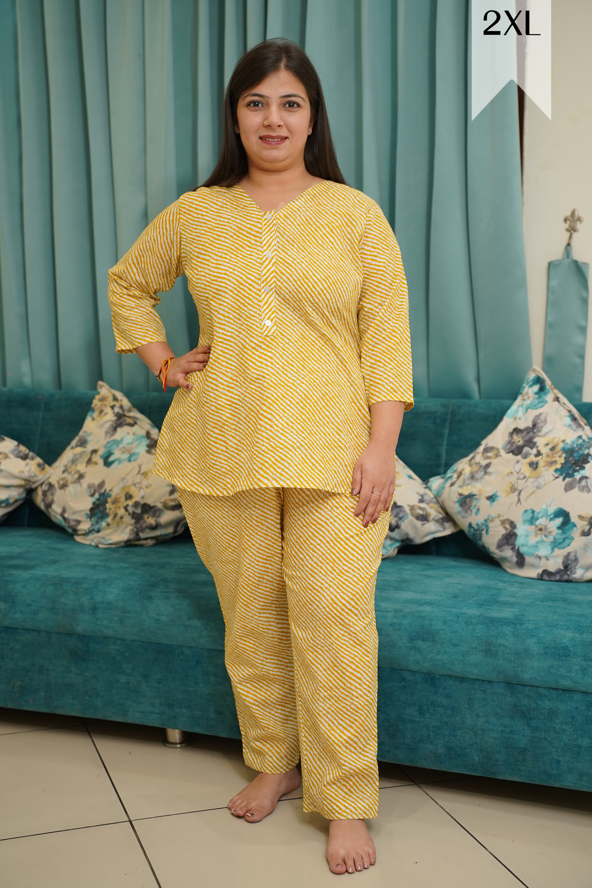 Yellow Lehriya Cotton Night Suit