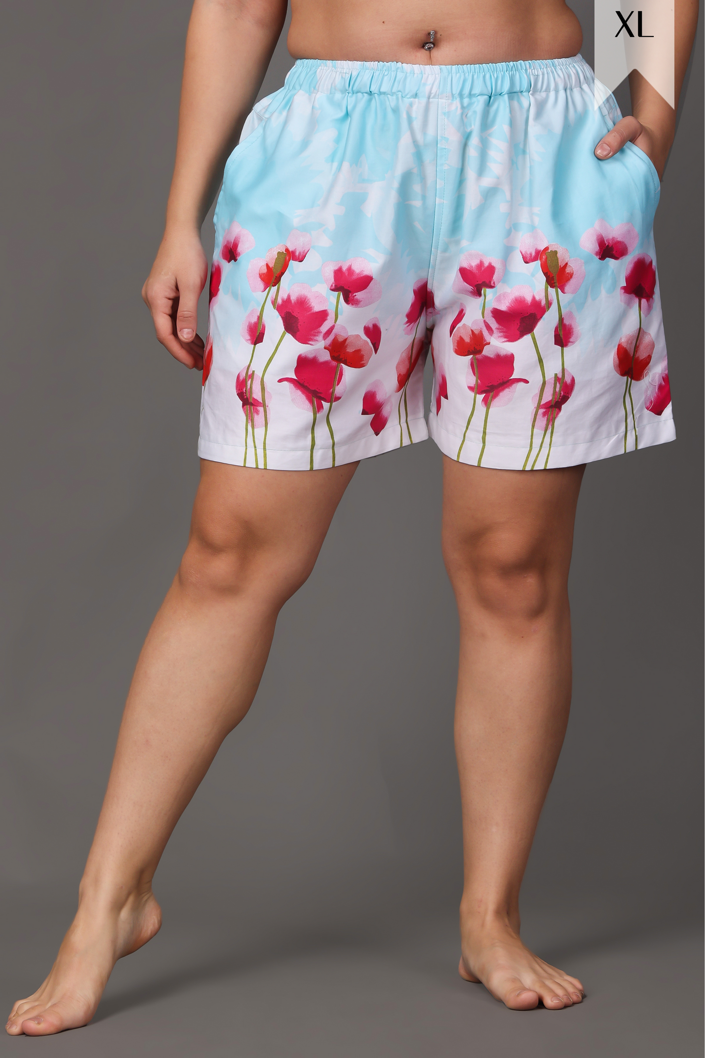 Buy Plus Size ​Blue Floral Cotton Shorts At Apella | Sizes XS to 10 XL | India | Free Delivery | Customized