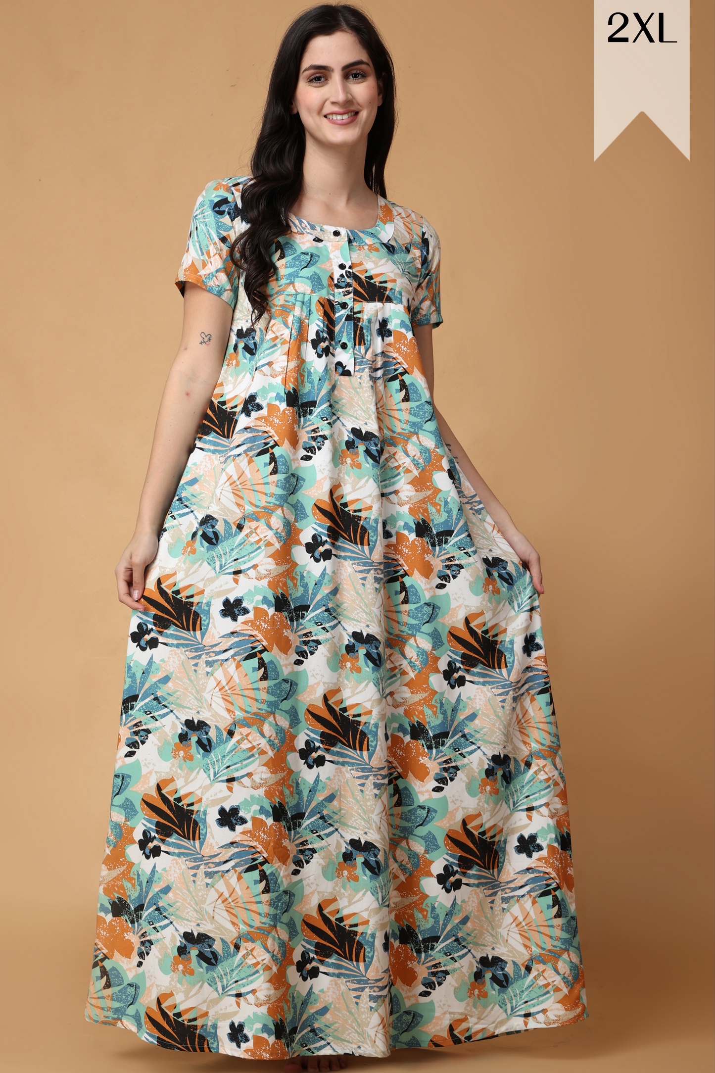 Buy Plus Size ​Leafy Swirls Rayon Night Gown At Apella | Sizes XS to 10 XL | India | Free Delivery | Customized